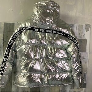 NEW JUICY COUTURE Black Label Women Coat Puffer Hooded JC-006 Silver Size M Y2K